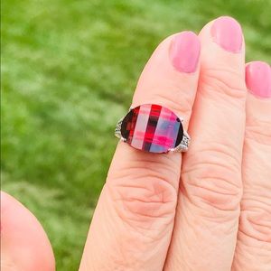 Garnet CZ Swiss Marcasite Rhodium Plated Ring